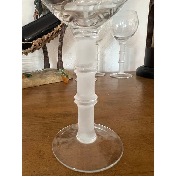 Wells Hand Blown Wine Glasses Set of 4 Etched Palm Trees Frosted Bamboo Stem - Picture 3 of 7